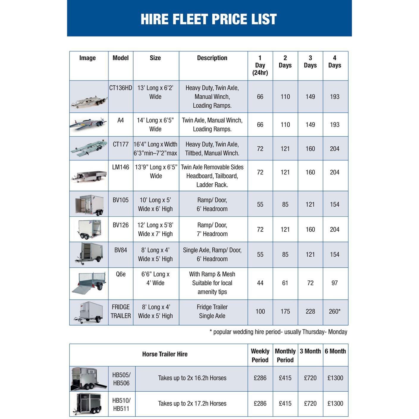 Our Current Hire Fleet Price List 📜
Upon collection of hire you will need to bring with you a driving licence, copy of a utility bill and a credit or debit card. Please check to see whether the trailer you are hiring requires a square or oblong rear number plate.
We can produce a number plate for you if required, but you will also need to have your V5 / vehicle log book with you for us to be able to do so. Number plates are an additional £15.50.
Please call or email to discuss availabilty or for more information.
01403 782862
info@universal-trailers.co.uk